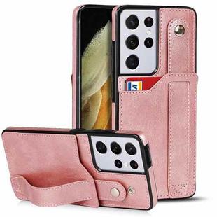 For Samsung Galaxy S21 Ultra 5G Crazy Horse Texture Shockproof TPU + PU Leather Case with Card Slot & Wrist Strap Holder(Rose Gold)