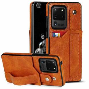 For Samsung Galaxy S20 Ultra Crazy Horse Texture Shockproof TPU + PU Leather Case with Card Slot & Wrist Strap Holder(Yellow)