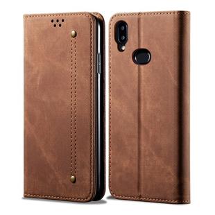 For Galaxy A10s Denim Texture Casual Style Horizontal Flip Leather Case with Holder & Card Slots & Wallet(Brown)