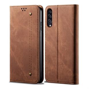 For Galaxy A50s / A50 / A30s Denim Texture Casual Style Horizontal Flip Leather Case with Holder & Card Slots & Wallet(Brown)