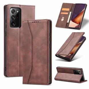 For Samsung Galaxy Note20 Skin-feel Calfskin Texture Magnetic Dual-Fold Horizontal Flip Leather Case with Holder & Card Slots & Wallet(Coffee)