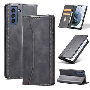 For Samsung Galaxy S21 FE 5G Skin-feel Calfskin Texture Magnetic Dual-Fold Horizontal Flip Leather Case with Holder & Card Slots & Wallet(Black)