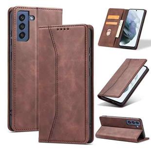 For Samsung Galaxy S21 FE 5G Skin-feel Calfskin Texture Magnetic Dual-Fold Horizontal Flip Leather Case with Holder & Card Slots & Wallet(Coffee)