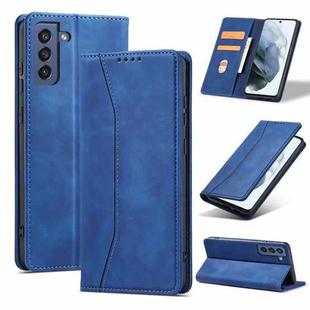 For Samsung Galaxy S21 FE 5G Skin-feel Calfskin Texture Magnetic Dual-Fold Horizontal Flip Leather Case with Holder & Card Slots & Wallet(Blue)
