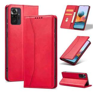For Xiaomi Redmi Note 10 4G Skin-feel Calfskin Texture Magnetic Dual-Fold Horizontal Flip Leather Case with Holder & Card Slots & Wallet(Red)