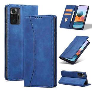 For Xiaomi Redmi Note 10 4G Skin-feel Calfskin Texture Magnetic Dual-Fold Horizontal Flip Leather Case with Holder & Card Slots & Wallet(Blue)