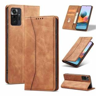 For Xiaomi Redmi Note 10 4G Skin-feel Calfskin Texture Magnetic Dual-Fold Horizontal Flip Leather Case with Holder & Card Slots & Wallet(Brown)