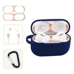 For AirPods Pro Silicone Wireless Earphone Protective Case Storage Box with Hook & Anti-drop Rope(Blue+Blush Gold Inner Sticker)