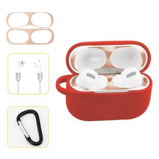 For AirPods Pro Silicone Wireless Earphone Protective Case Storage Box with Hook & Anti-drop Rope(Red+Blush Gold Inner Sticker)