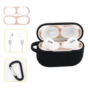 For AirPods Pro Silicone Wireless Earphone Protective Case Storage Box with Hook & Anti-drop Rope(Black+Blush Gold Inner Sticker)