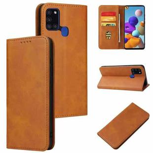 For Samsung Galaxy A21s Calf Texture Magnetic Horizontal Flip Leather Case with Holder & Card Slots & Wallet(Khaki)