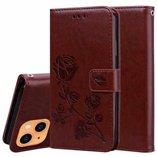 For iPhone 13 Rose Embossed Horizontal Flip PU Leather Case with Holder & Card Slots & Wallet(Brown)