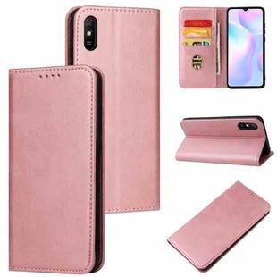 For Xiaomi Redmi 9A Calf Texture Magnetic Horizontal Flip Leather Case with Holder & Card Slots & Wallet(Rose Gold)