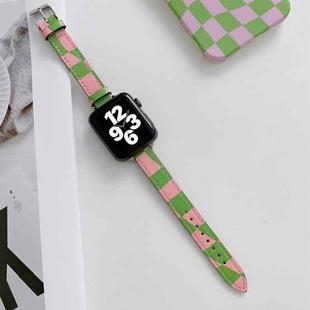 Slimming Checkerboard Leather Watch Band For Apple Watch Series 7 41mm/6&SE&5&4 40mm/3&2&1 38mm(Green Pink)