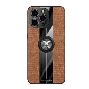 For iPhone 13 Pro Max XINLI Stitching Cloth Textue Shockproof TPU Protective Case with Ring Holder (Brown)