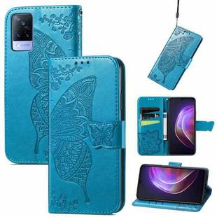 For vivo V21 Butterfly Love Flower Embossed Horizontal Flip Leather Case with Holder & Card Slots & Wallet & Lanyard(Blue)