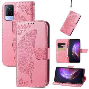 For vivo V21 Butterfly Love Flower Embossed Horizontal Flip Leather Case with Holder & Card Slots & Wallet & Lanyard(Pink)