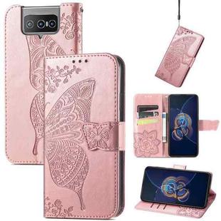 For Asus Zenfone 8 Flip Butterfly Love Flower Embossed Horizontal Flip Leather Case with Holder & Card Slots & Wallet & Lanyard(Rose Gold)