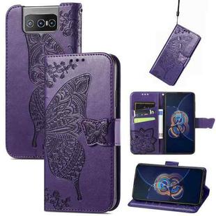 For Asus Zenfone 8 Flip Butterfly Love Flower Embossed Horizontal Flip Leather Case with Holder & Card Slots & Wallet & Lanyard(Dark Purple)