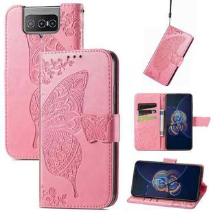 For Asus Zenfone 8 Flip Butterfly Love Flower Embossed Horizontal Flip Leather Case with Holder & Card Slots & Wallet & Lanyard(Pink)