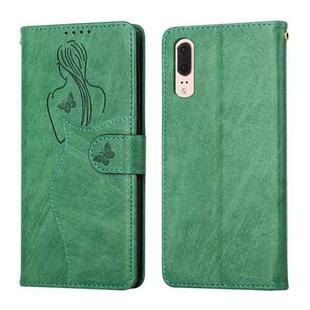 For Huawei P20 Beauty Girl Embossing Pattern Horizontal Flip Leather Case with Holder & Card Slot & Wallet & Photo Frame(Green)