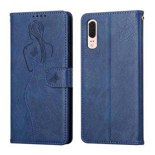 For Huawei P20 Beauty Girl Embossing Pattern Horizontal Flip Leather Case with Holder & Card Slot & Wallet & Photo Frame(Blue)