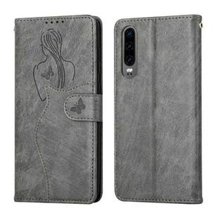 For Huawei P30 Beauty Girl Embossing Pattern Horizontal Flip Leather Case with Holder & Card Slot & Wallet & Photo Frame(Grey)