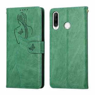 For Huawei P30 Lite Beauty Girl Embossing Pattern Horizontal Flip Leather Case with Holder & Card Slot & Wallet & Photo Frame(Green)