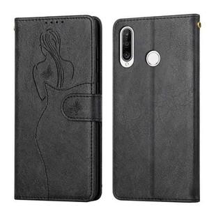 For Huawei P30 Lite Beauty Girl Embossing Pattern Horizontal Flip Leather Case with Holder & Card Slot & Wallet & Photo Frame(Black)