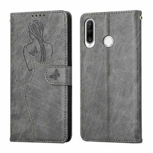For Huawei P30 Lite Beauty Girl Embossing Pattern Horizontal Flip Leather Case with Holder & Card Slot & Wallet & Photo Frame(Grey)