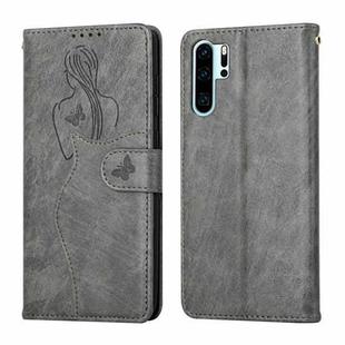 For Huawei P30 Pro Beauty Girl Embossing Pattern Horizontal Flip Leather Case with Holder & Card Slot & Wallet & Photo Frame(Grey)