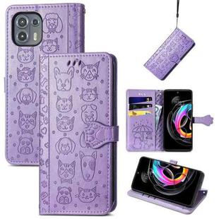 For Motorola Moto Edge 20 Lite Lovely Cat and Dog Embossing Pattern Horizontal Flip Leather Case , with Holder & Card Slots & Wallet & Cartoon Clasp & Lanyard(Purple)