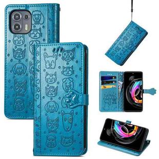 For Motorola Moto Edge 20 Lite Lovely Cat and Dog Embossing Pattern Horizontal Flip Leather Case , with Holder & Card Slots & Wallet & Cartoon Clasp & Lanyard(Blue)