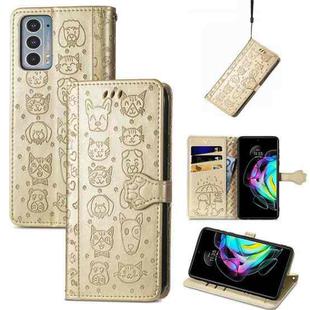 For Motorola Moto Edge 20 Lovely Cat and Dog Embossing Pattern Horizontal Flip Leather Case , with Holder & Card Slots & Wallet & Cartoon Clasp & Lanyard(Gold)
