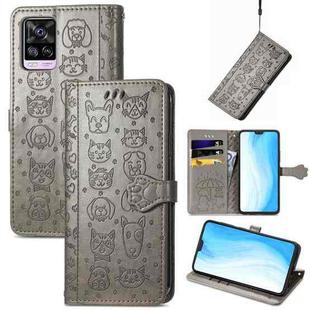 For vivo S7 Lovely Cat and Dog Embossing Pattern Horizontal Flip Leather Case , with Holder & Card Slots & Wallet & Cartoon Clasp & Lanyard(Grey)