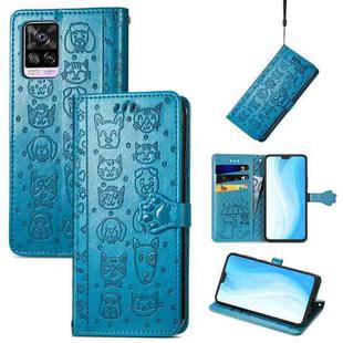 For vivo S7 Lovely Cat and Dog Embossing Pattern Horizontal Flip Leather Case , with Holder & Card Slots & Wallet & Cartoon Clasp & Lanyard(Blue)