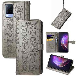 For vivo V21 Lovely Cat and Dog Embossing Pattern Horizontal Flip Leather Case , with Holder & Card Slots & Wallet & Cartoon Clasp & Lanyard(Grey)