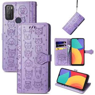 For Alcatel 1S 2021 Lovely Cat and Dog Embossing Pattern Horizontal Flip Leather Case , with Holder & Card Slots & Wallet & Cartoon Clasp & Lanyard(Purple)