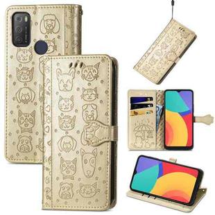 For Alcatel 1S 2021 Lovely Cat and Dog Embossing Pattern Horizontal Flip Leather Case , with Holder & Card Slots & Wallet & Cartoon Clasp & Lanyard(Gold)