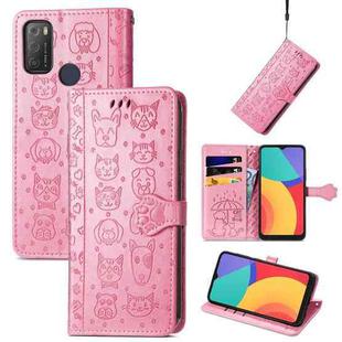 For Alcatel 1S 2021 Lovely Cat and Dog Embossing Pattern Horizontal Flip Leather Case , with Holder & Card Slots & Wallet & Cartoon Clasp & Lanyard(Pink)