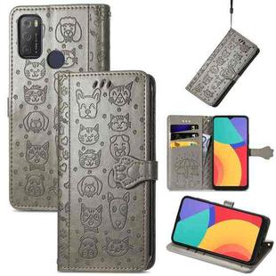 For Alcatel 1S 2021 Lovely Cat and Dog Embossing Pattern Horizontal Flip Leather Case , with Holder & Card Slots & Wallet & Cartoon Clasp & Lanyard(Grey)