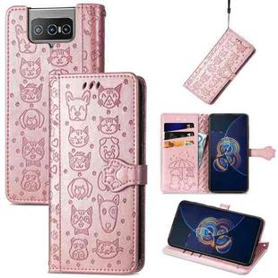 For Asus Zenfone 8 Flip Lovely Cat and Dog Embossing Pattern Horizontal Flip Leather Case , with Holder & Card Slots & Wallet & Cartoon Clasp & Lanyard(Rose Gold)