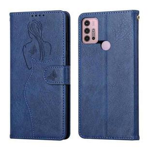 For Motorola Moto G30 / G10 Beauty Girl Embossing Pattern Horizontal Flip Leather Case with Holder & Card Slot & Wallet & Photo Frame(Blue)