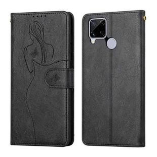 For OPPO Realme C15 Beauty Girl Embossing Pattern Horizontal Flip Leather Case with Holder & Card Slot & Wallet & Photo Frame(Black)