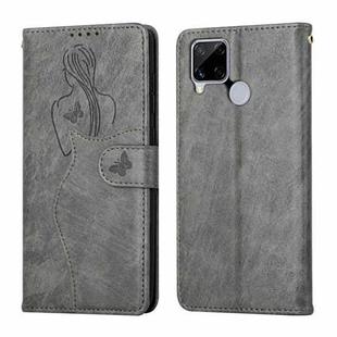 For OPPO Realme C15 Beauty Girl Embossing Pattern Horizontal Flip Leather Case with Holder & Card Slot & Wallet & Photo Frame(Grey)