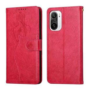 For Xiaomi Redmi K40 / K40 Pro Beauty Girl Embossing Pattern Horizontal Flip Leather Case with Holder & Card Slot & Wallet & Photo Frame(Red)