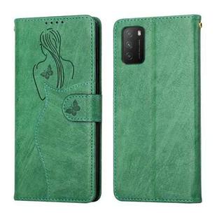 For Xiaomi Poco M3 Beauty Girl Embossing Pattern Horizontal Flip Leather Case with Holder & Card Slot & Wallet & Photo Frame(Green)