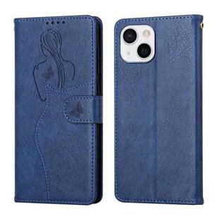 For iPhone 13 mini Beauty Girl Embossing Pattern Horizontal Flip Leather Case with Holder & Card Slot & Wallet & Photo Frame (Blue)