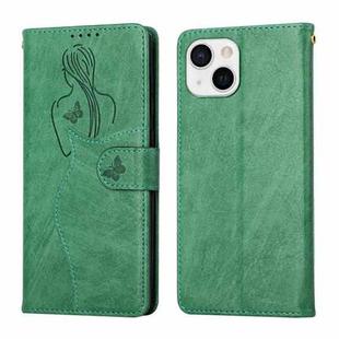 For iPhone 13 Beauty Girl Embossing Pattern Horizontal Flip Leather Case with Holder & Card Slot & Wallet & Photo Frame(Green)