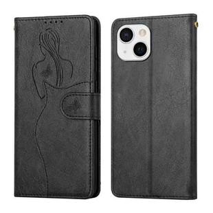 For iPhone 13 Beauty Girl Embossing Pattern Horizontal Flip Leather Case with Holder & Card Slot & Wallet & Photo Frame(Black)